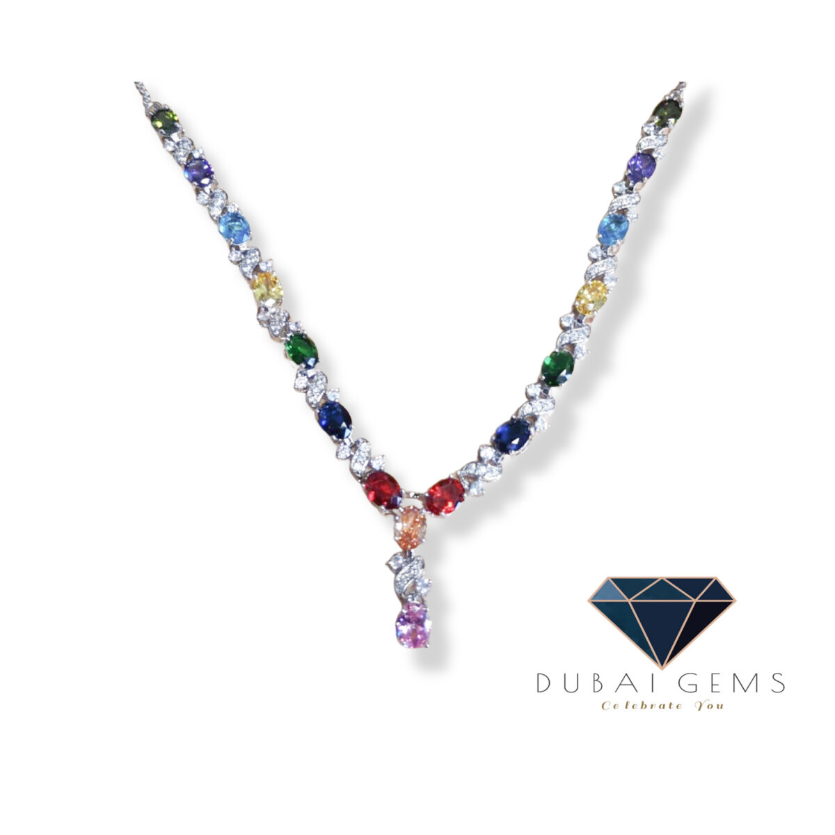 White gold finish love and kisses multi-coloured created diamond necklace