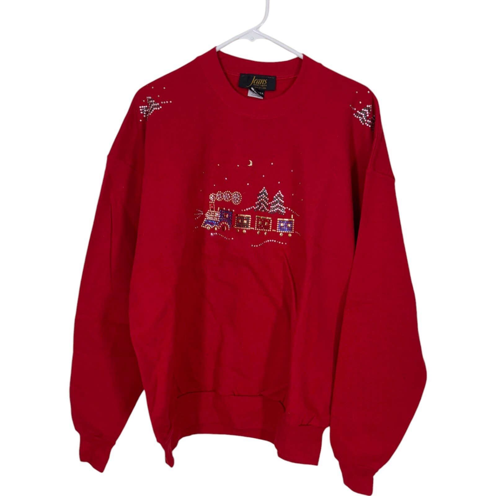 Red Fleece Studded Crewneck Sweatshirt for Women XL Christmas Train Pullover-image