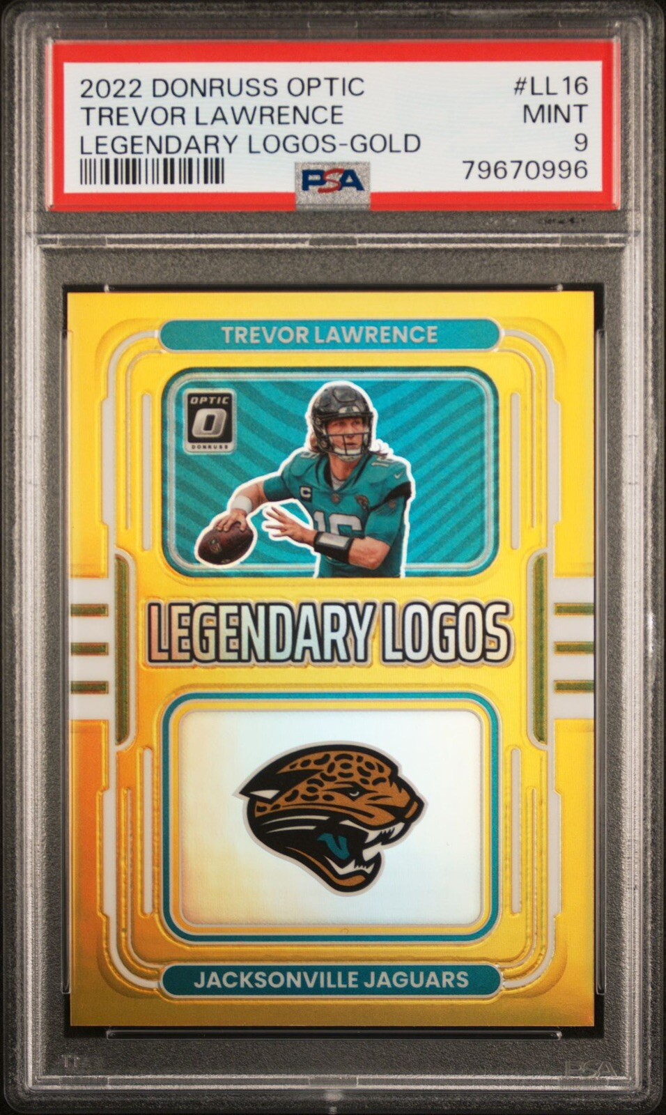2022 Donruss Optic TREVOR LAWRENCE Legendary Logos GOLD #’d 03/10 Jaguars PSA 9