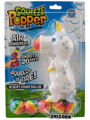 White Unicorn Squeeze Popper - Foam Ball Shooter - Cheatwell Games