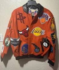 Jeff Hamilton Men’s NBA Collage Wool & Leather Jacket Orange Size Medium