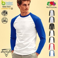 Baseball Long Sleeve Mens T-Shirt Casual Plain Round Neck Top Fruit Of The Loom