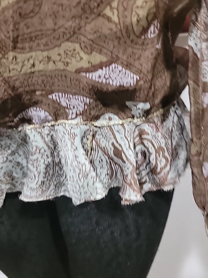 Rozae Nichols 100% шелк кристалл пейсли печать Sz M блузка коричневый синий без подкладки #3 - Изображение 2 из 4