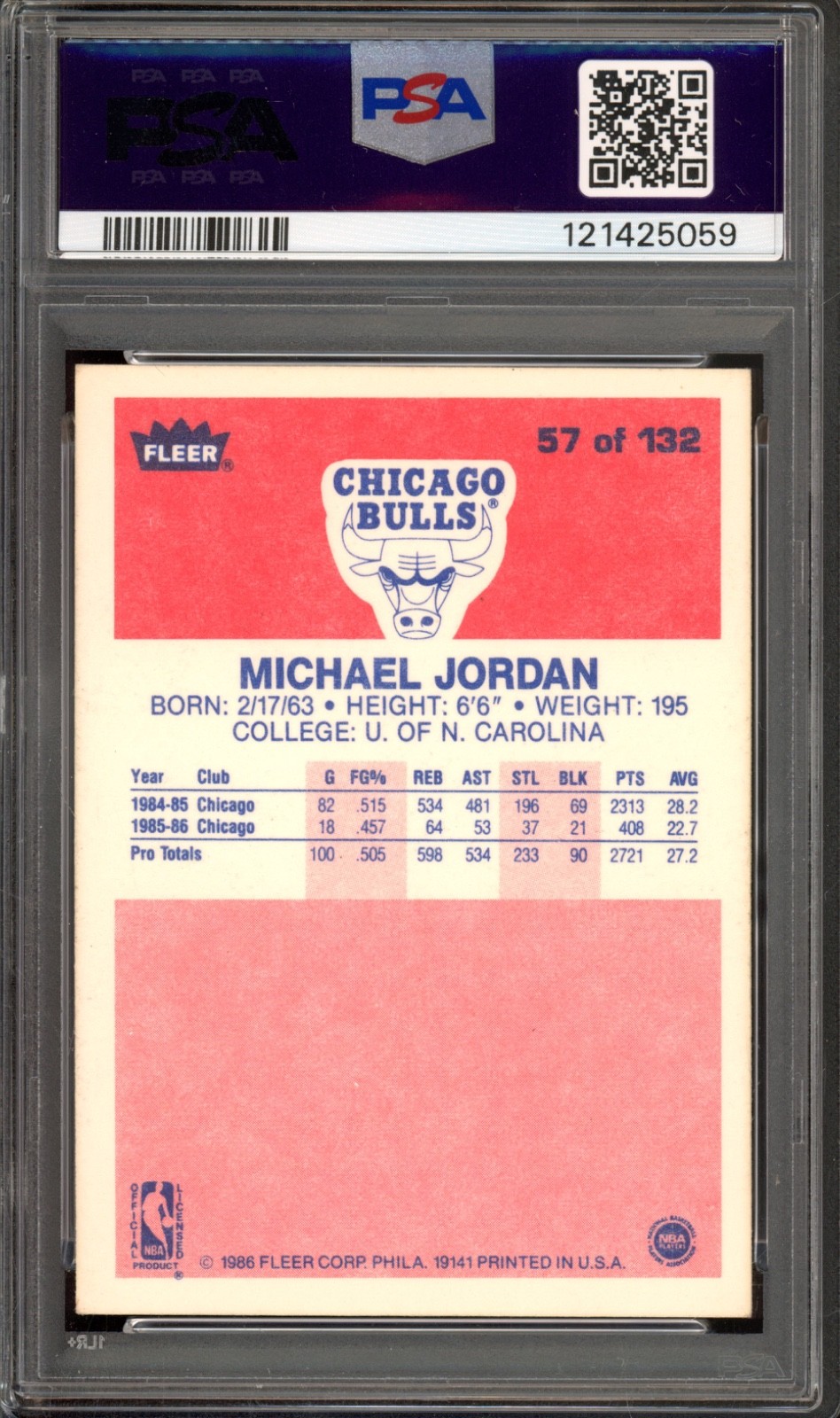 1986 Fleer #57 Michael Jordan Rookie PSA Authentic HOF RC Basketball Card view 2