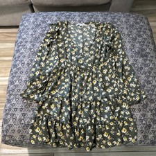 Womens XL Floral Dress Green Fit & Flare Long Sleeve Ruffle Casual Midi Dress