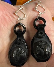 VICTORIAN WHITBY JET CAMEO EARRINGS - NEW SILVER CLAMP FITMENTS 