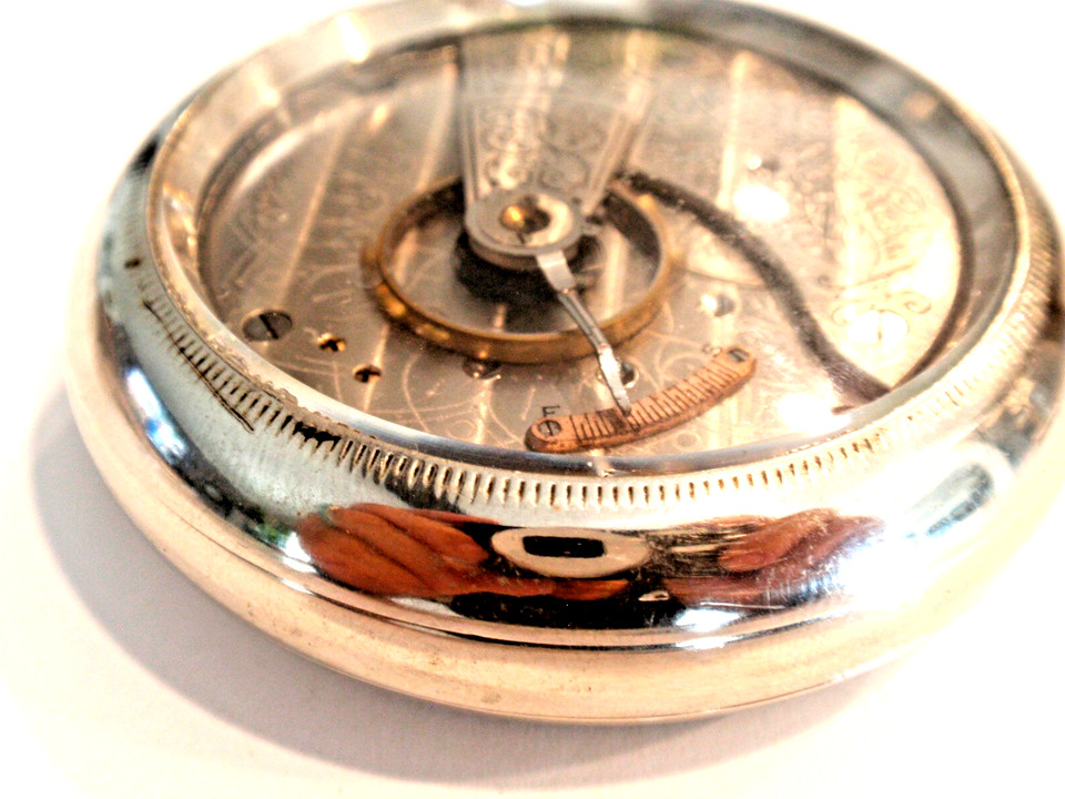 An 18-size Waltham pocket watch — the kind of American railroad-grade timepiece that built an era — freshly serviced and displayed like the treasure it is.