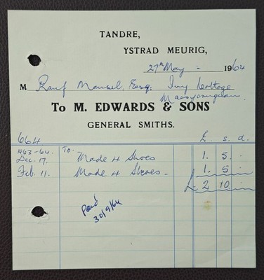 1964 M. Edwards & Sons General Smiths Tandre Ystrad Meurig Strickjacke Billhead
