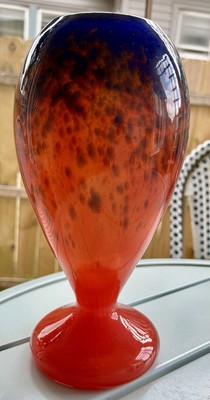 French Art Deco Charles Schneider SIGNED Glass Red & Blue Vase 10.5  tall