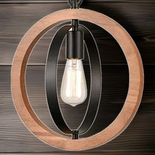 Industrial Pendant Light Walnut Wood Frame Modern Farmhouse Style Light Fixture