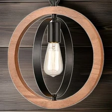Industrial Pendant Light Walnut Wood Frame Modern Farmhouse Style Light Fixture