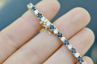 5Ct Round Cut lab create Sapphire Women's Bracelet Tennis 14K Yellow Gold Plated
