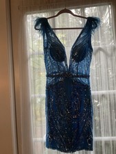 Jovani 23104 Blue Feather Shoulders Plunging Neck Short Dress Size 8 NWT