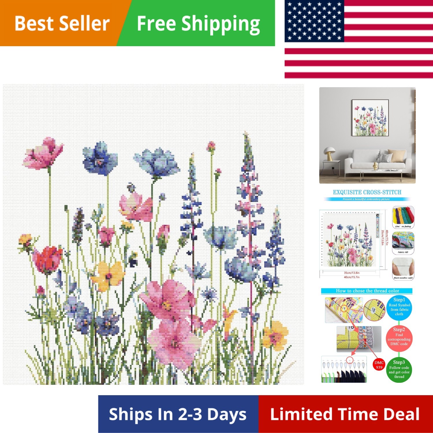 Flower Stamped Cross Stitch Kits for Adults，11CT Needlepoint Counted Cross St...