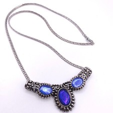 Vintage Blue Rhinestones Bib Necklace 22  