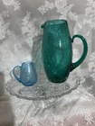 Vintage Blenko Blue/Green Glass Pitcher Applied Handle; Blenko Mini Pitcher Blue
