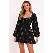 ASOS Black Embroidered Floral Mini Dress Puff Sleeve Smocked Waist Sz2 Babydoll