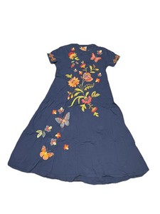 Johnny Was Gracey Swing Embroidered Butterfly Floral Dress Blue Womens Size M