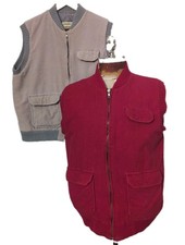 2 Vintage St Johns Bay Vest Mens Med Red/Gray Corduroy Quilted Utility Pockets