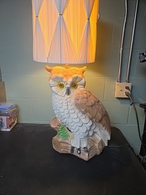 1970s Owl Mid-Century Plaster Table Lamp  Orange Eyes MCM Cottage Lighting