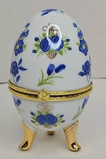 Porcelain Floral Egg Trinket Box w/ Gilt Metal Mount & Feet | Blue Flowers