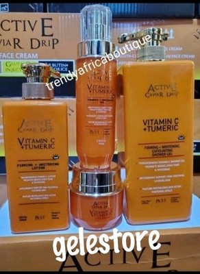 4pcs ACTIVE Caviar Vitamin C & TUMERIC, LOTION, Serum, Face Cream & Shower Gel 