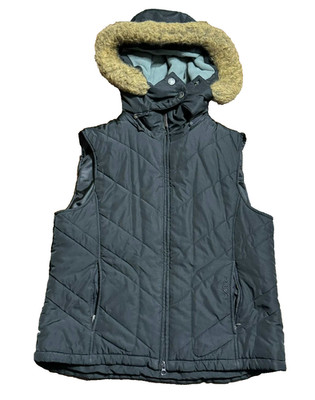 Izod Sleeveless Black Puffer Vest, Pockets, PerformX, Faux Fur Hood Size Large