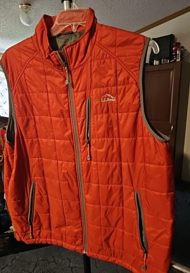 LL Bean Primaloft Packaway Vest Mens XL Tall Orange Quilted Full Zip Insulated