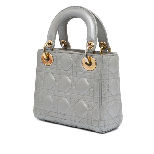 Authenticated Dior Mini Metallic Lambskin Cannage Lady Dior Gray Leather Satchel - Picture 2 of 11