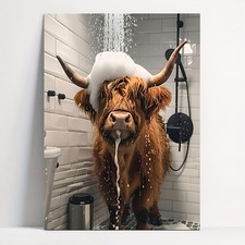 Funny Highland Cow Take Shower Framed Canvas Art Farmhouse Bathroom Wall Decor