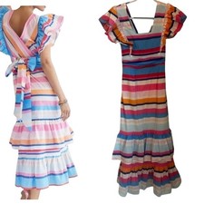 Anthropologie Plenty by Tracy Reese Striped Ruffle Maxi Dress Size M Wrap Back
