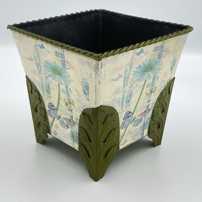 5'' Square Metal Planter Toleware Cachepot, Galvenized, Floral Butterflies, Green
