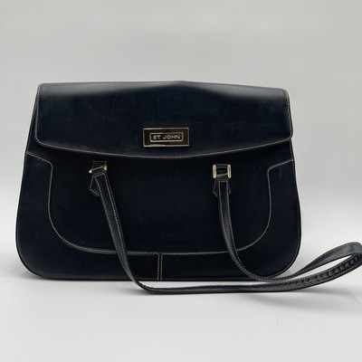 Vtg St. John Black Leather Shoulder Bag Purse Minimalist Gold Hardware Italy