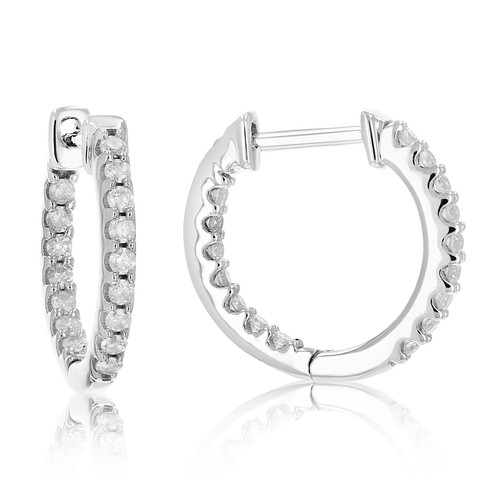 Diamond Earrings for Women 1/4 CT Sterling Silver 1/2 Inch Inside Out Round Hoop - Picture 5 of 10