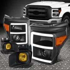 [LED DRL]FOR 11-16 F250-F550 BLACK/AMBER PROJECTOR HEADLIGHTS+YELLOW FOG LAMPS