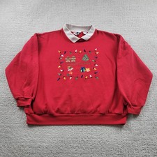 Sport II Sweatshirt Mens 2XL Red Collared Pullover Christmas Embroidered Lights