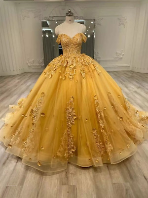 Princess Yellow Quinceanera Dresses Ball Gowns Off Shoulder Sweet 16 Ball  Gowns