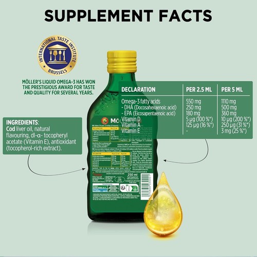 Moller's Lemon | Aceite de hígado de bacalao noruego | Omega 3 y vitamina A, D, E 600 UI 250 ml - Imagen 3 de 8