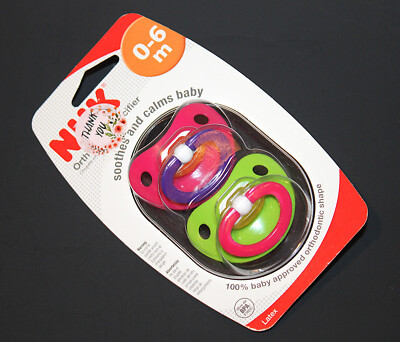 NUK Pacifiers 0-6 Month LATEX Set of 2 BPA Free Orthodontic Pink & Green NEW
