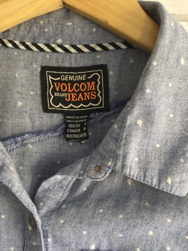 Volcolm Jeans Light Blue White Speckle Polka Dot Pocket Button Down Top Sz Small - Picture 4 of 5
