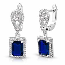 925 Sterling Silver Rectangular Blue Sapphire-Tone CZ Drop Dangle Earrings, 1"