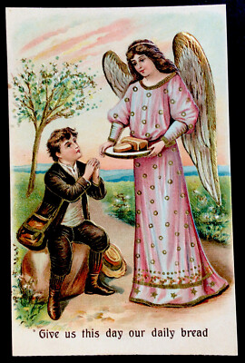 Religious embossed postcard boy angel Give us this day our daily bread #3