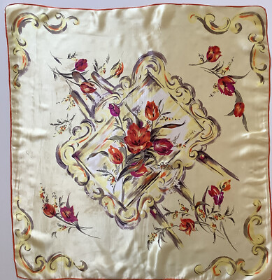 ++Ein elfenbein orange & rosa Blumenmuster 31 Zoll quadratischer Vintage Damen Satin Schal