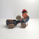 Vintage Rooster & Cart Wooden Pull Toy Hand Painted Missing Wheel READ