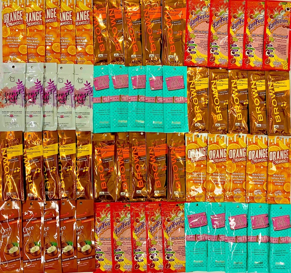 PRO TAN , TANNYMAX , FIESTA SUN, SYNERGY TAN WHOLESALE JOB LOT SUNBED TANNING LOTION CREAM 90 SACHETS ALL NON TINGLE