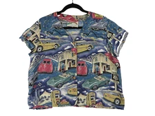 Paradise Found Shirt Women's Large Blue Button Up Hawaii Vintage Cars Route 66