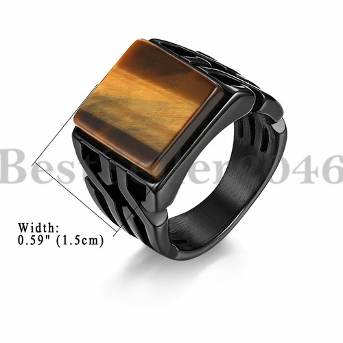 Mens Punk Retro Square Tiger Eye Stone Signet Ring Biker Wedding Band Size 7-14 - Picture 3 of 6