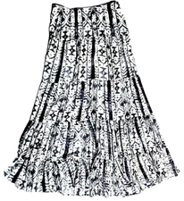 Vintage Tiered Maxi Broomstick Skirt Black & White Ikat print EUC sz 34" waist