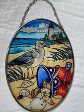 AMIA Seagull Beach Toys Shells Ocean Stain glass oval suncatcher w/chain 7x5