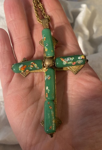 large miriam haskell murano millefiore glass beaded cross necklace